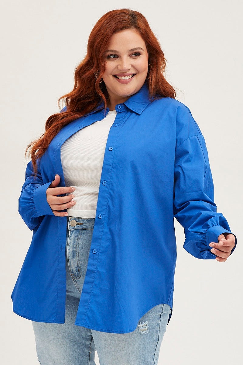 Blue Long Sleeve Oversized Cotton Shirt For Women By You And All
