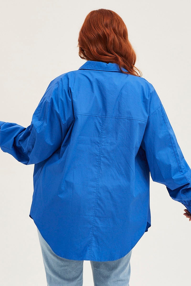 Blue Long Sleeve Oversized Cotton Shirt For Women By You And All
