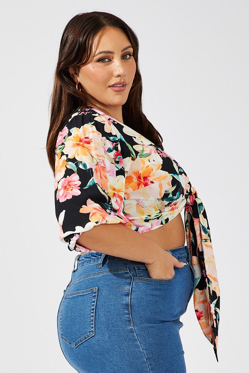 Black Floral Crop Top Short Sleeve Tie Front for YouandAll Fashion