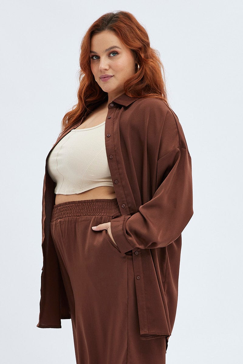 Brown Oversized Shirt Satin Long Sleeve for YouandAll Fashion