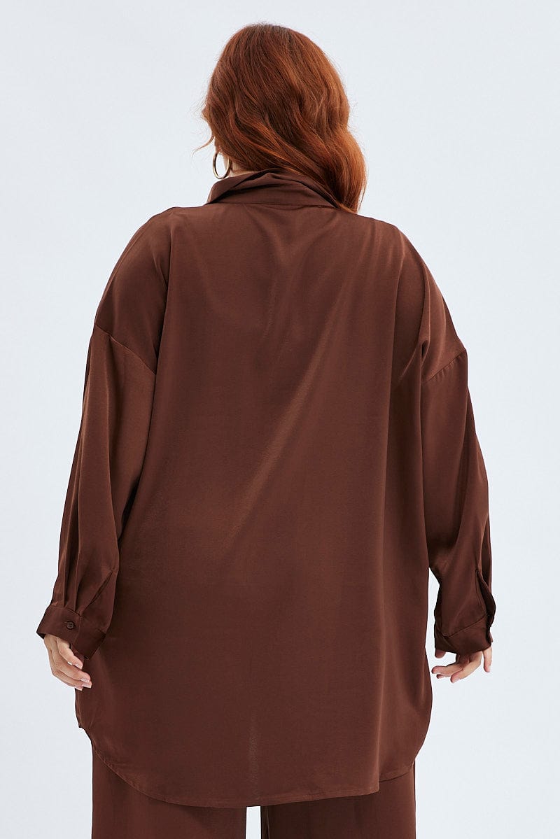 Brown Oversized Shirt Satin Long Sleeve for YouandAll Fashion