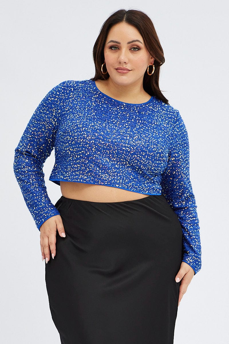 Blue Crop Top Long Sleeve Sequin Glitter for YouandAll Fashion