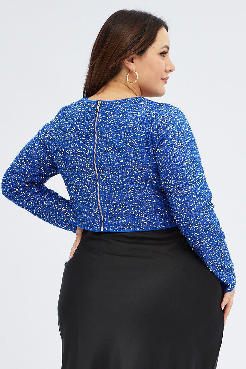 Blue Crop Top Long Sleeve Sequin Glitter for YouandAll Fashion