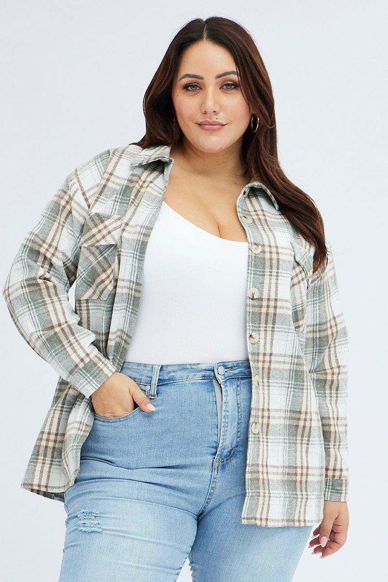 Camel Check Relaxed Shirt Long Sleeve Shacket for YouandAll Fashion
