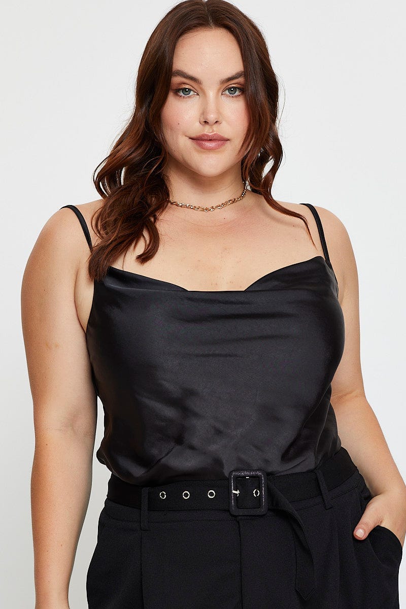Black Singlet Top Cowl Neck Satin For Women By You And All