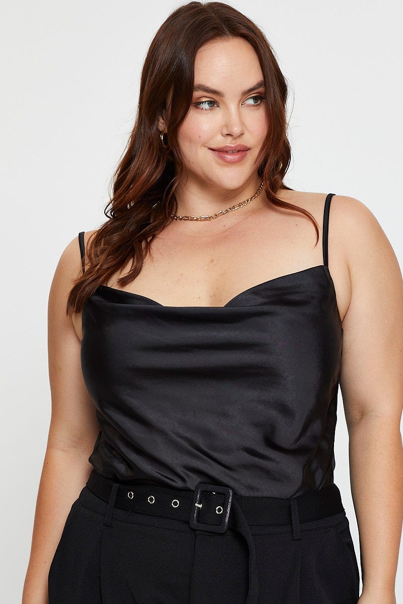 Black Singlet Top Cowl Neck Satin For Women By You And All