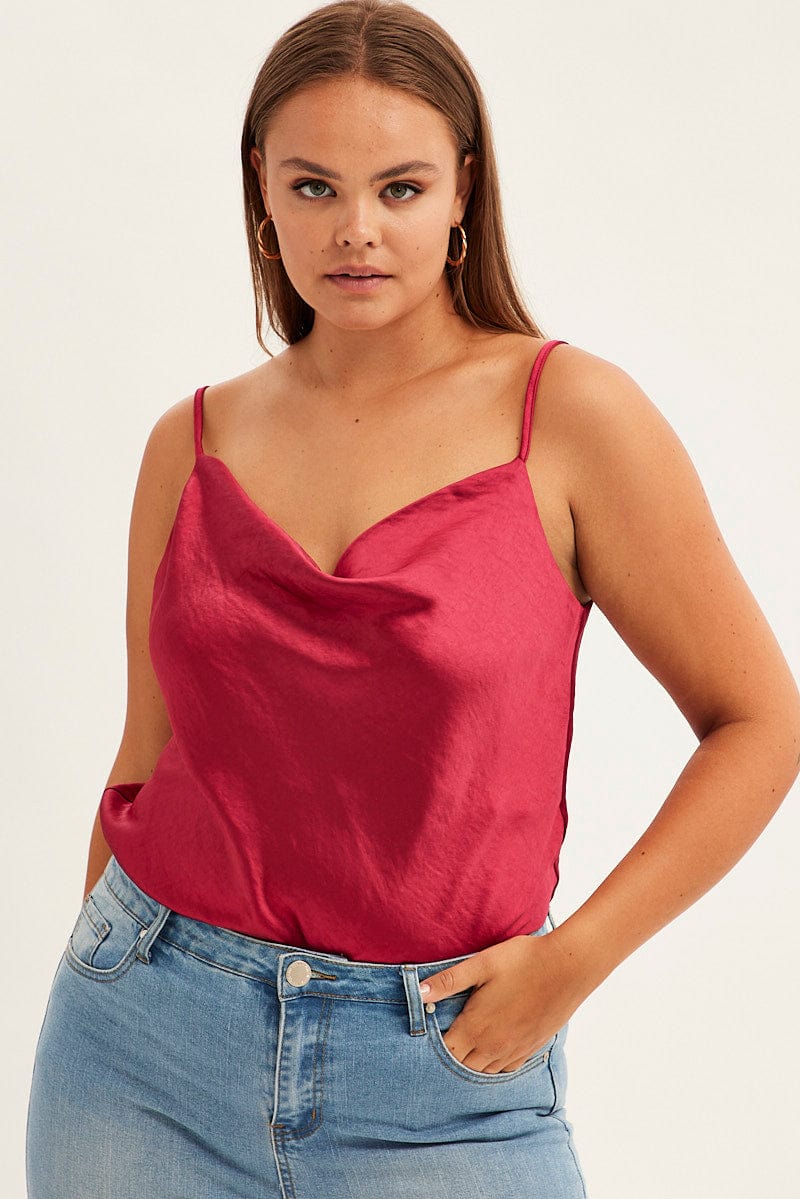 Red Singlet Top Sleeveless Satin Cowl Neck for YouandAll Fashion