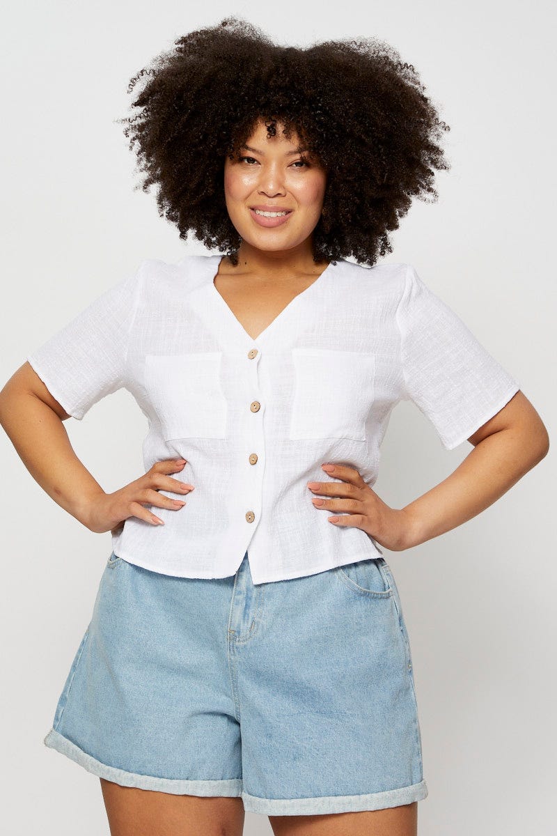 White Textured Top Button Front Short Sleeve For Women By You And All