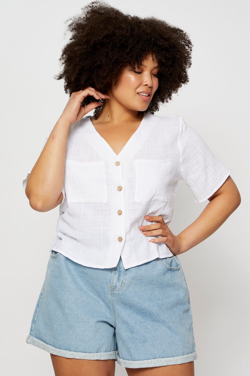 White Textured Top Button Front Short Sleeve For Women By You And All