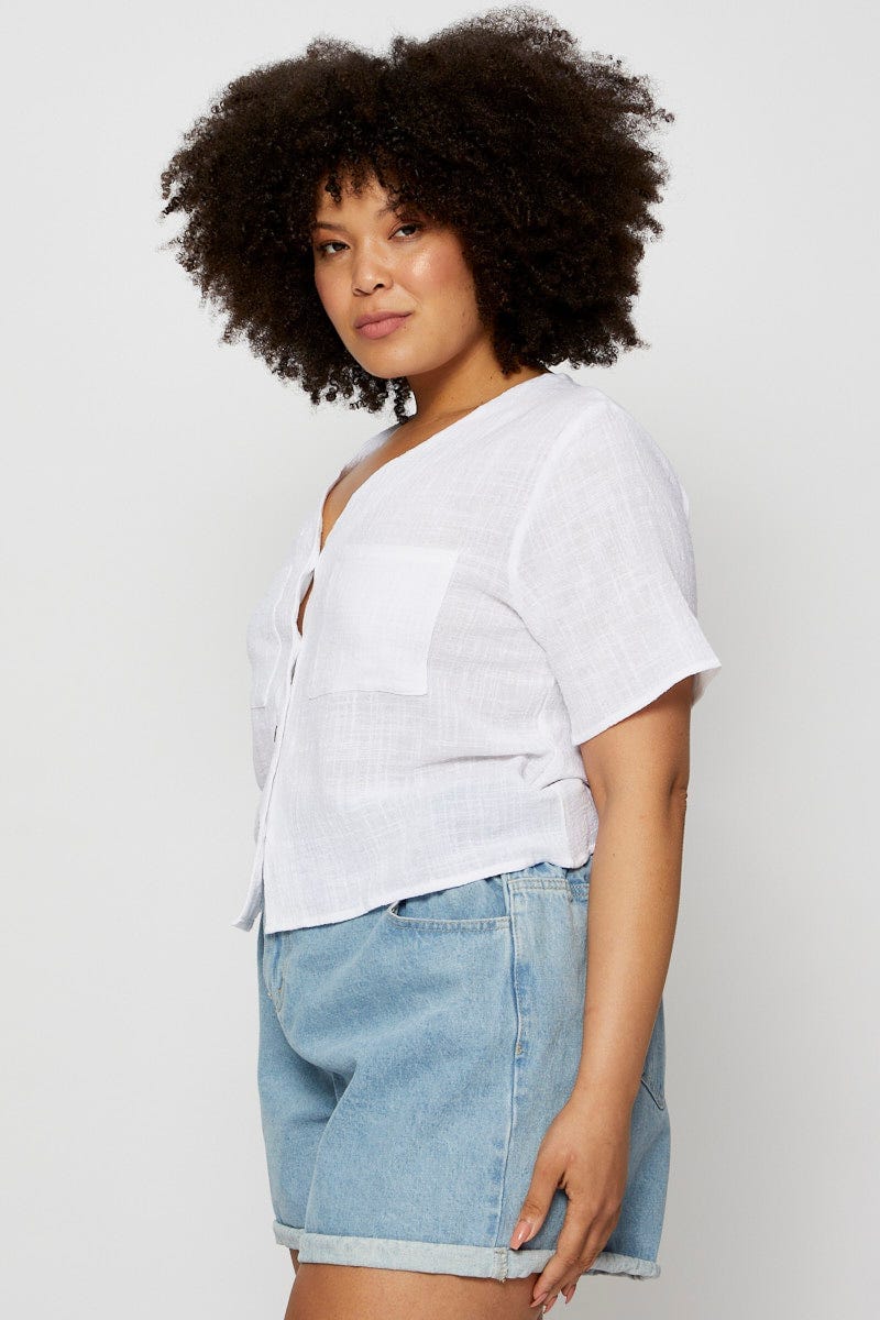 White Textured Top Button Front Short Sleeve For Women By You And All