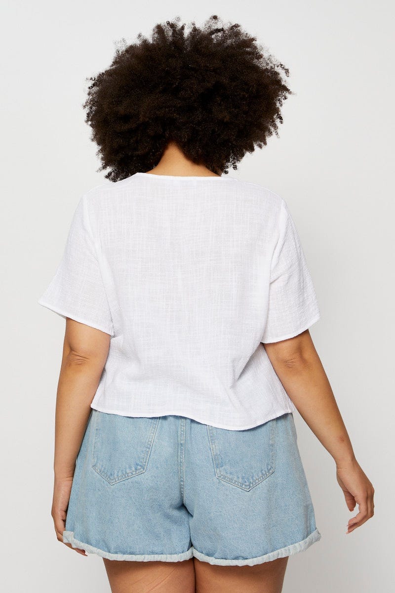 White Textured Top Button Front Short Sleeve For Women By You And All