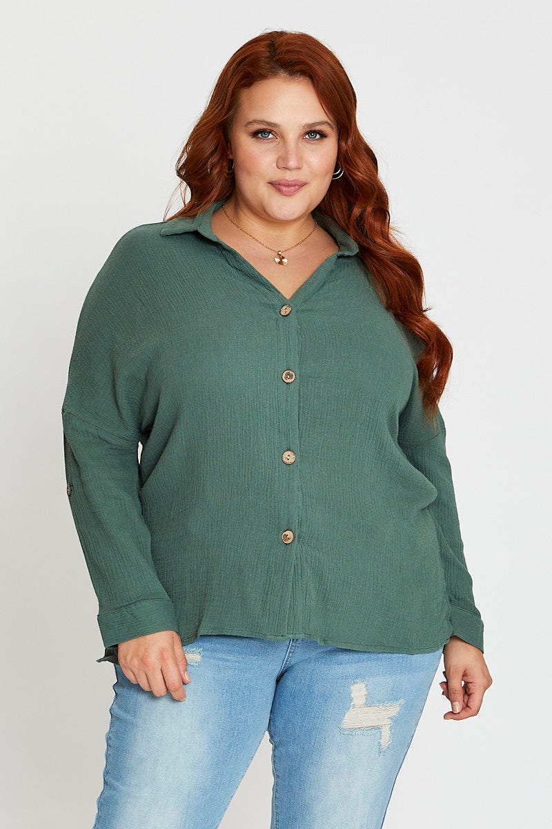 Green Long Sleeve Hunter Green Cotton Crush Shirt For Women By You And All