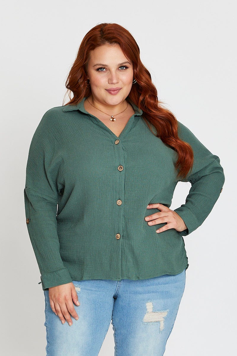 Green Long Sleeve Hunter Green Cotton Crush Shirt For Women By You And All