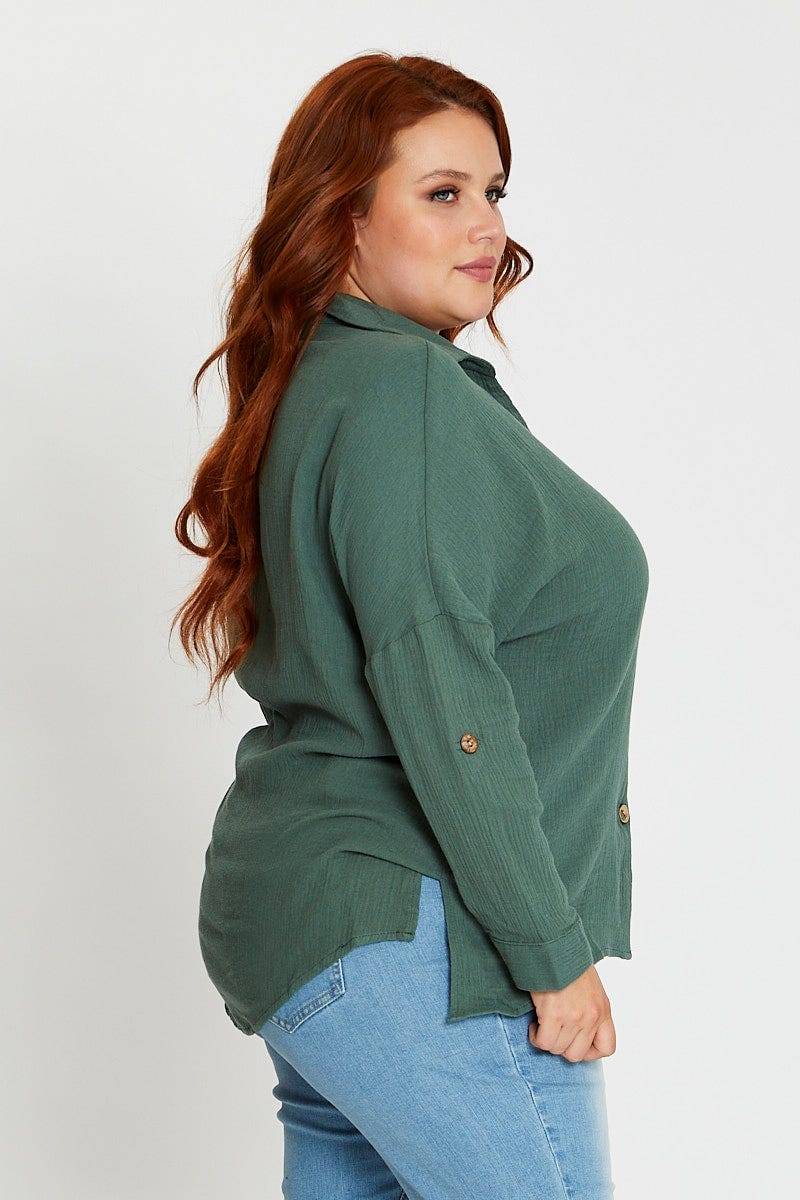 Green Long Sleeve Hunter Green Cotton Crush Shirt For Women By You And All