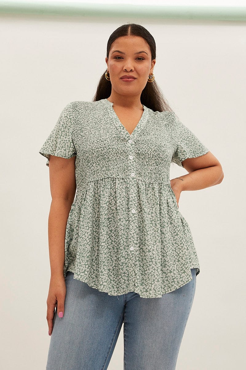 Green Ditsy Shirred Shirts Short Sleeve V Neck for YouandAll Fashion