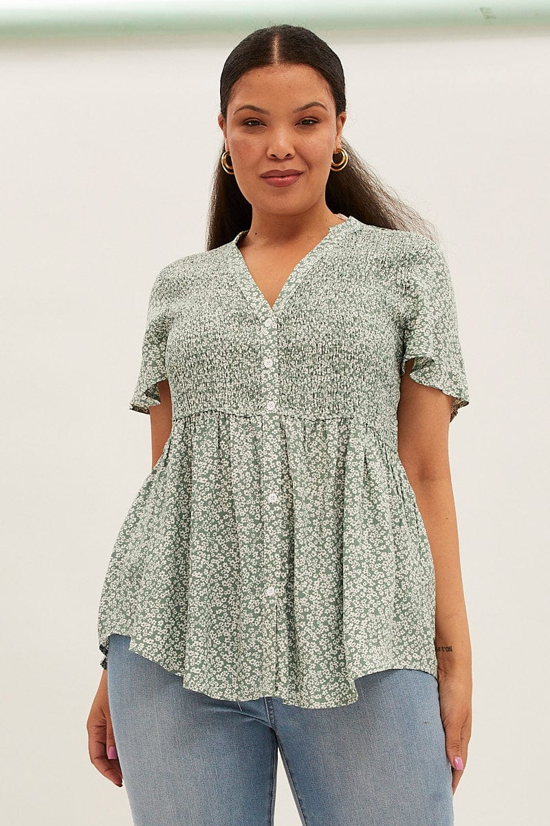 Green Ditsy Shirred Shirts Short Sleeve V Neck for YouandAll Fashion