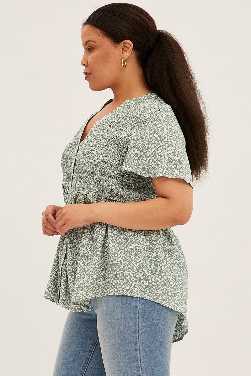 Green Ditsy Shirred Shirts Short Sleeve V Neck for YouandAll Fashion