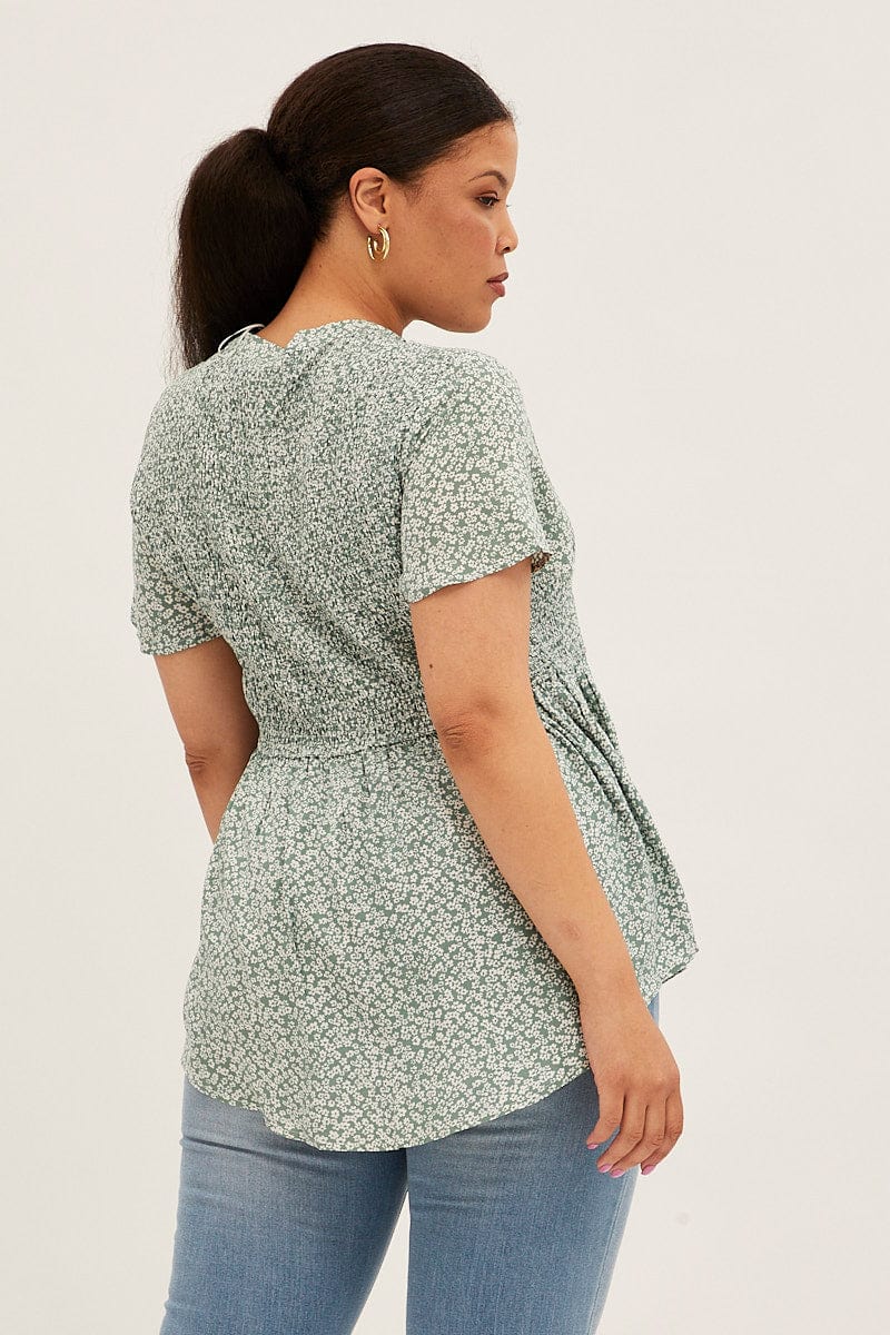 Green Ditsy Shirred Shirts Short Sleeve V Neck for YouandAll Fashion