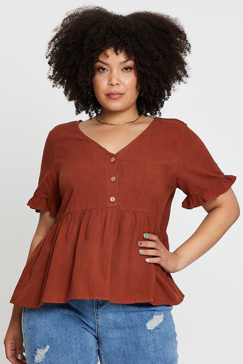 Brown Short Sleeve Button Front Peplum Top for Women by You and All