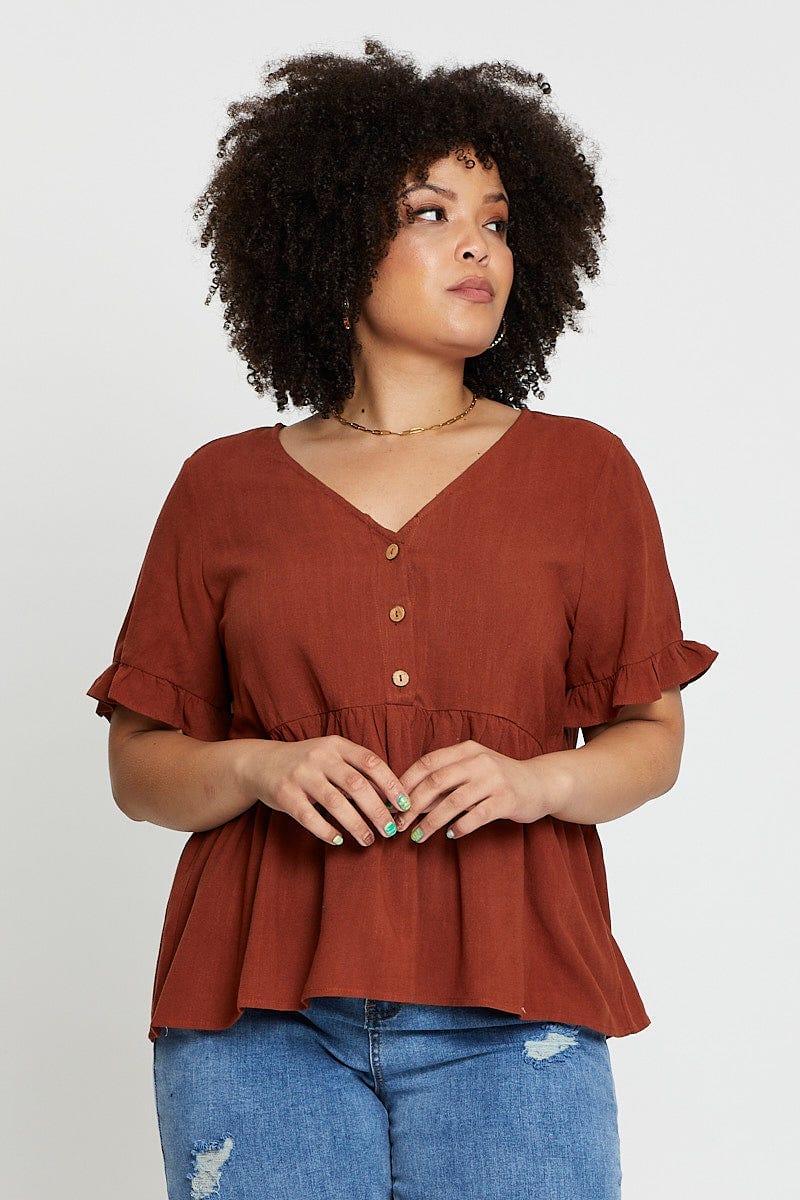 Brown Short Sleeve Button Front Peplum Top for Women by You and All