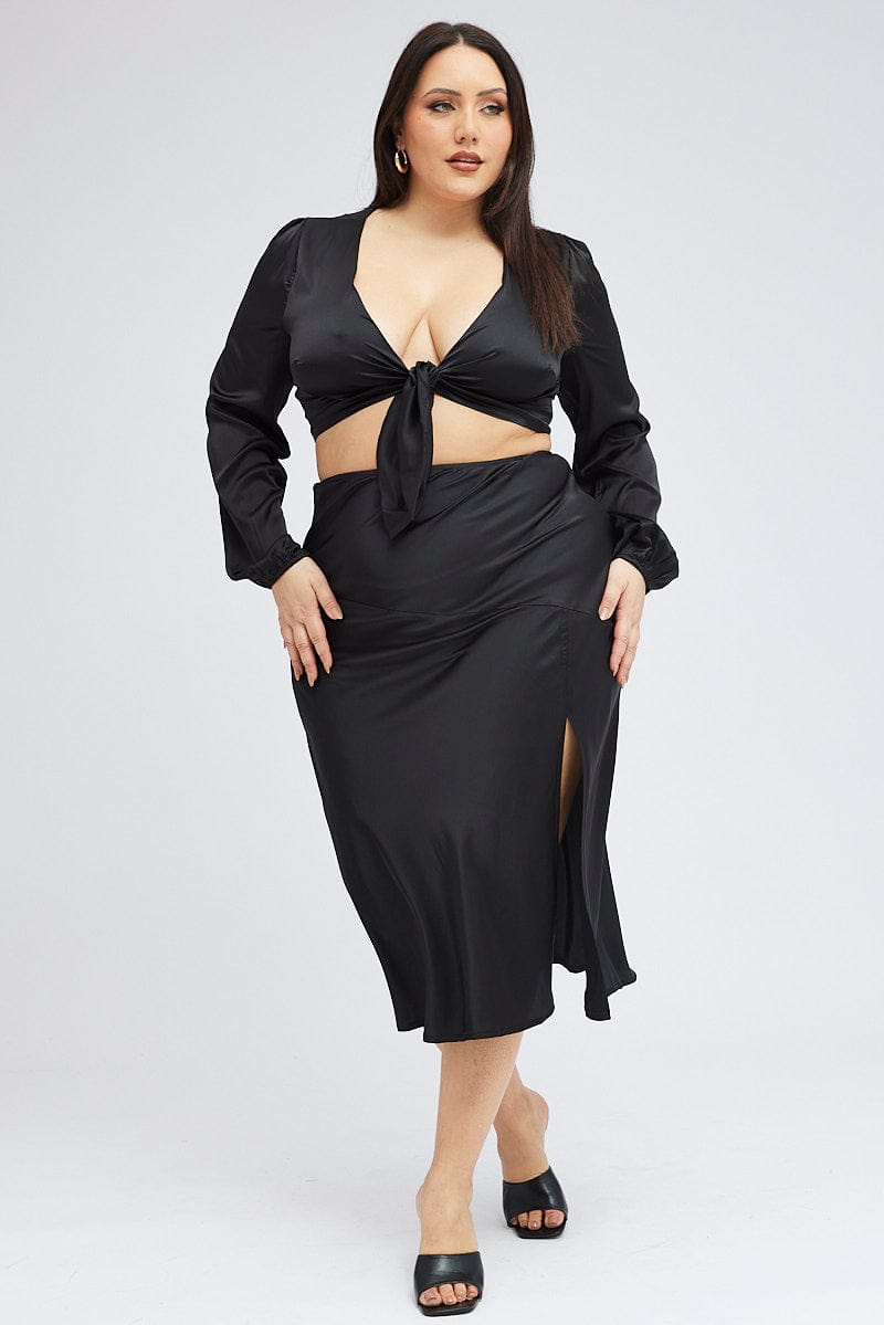 Black Crop Top Long Sleeve Tie Front Satin for YouandAll Fashion