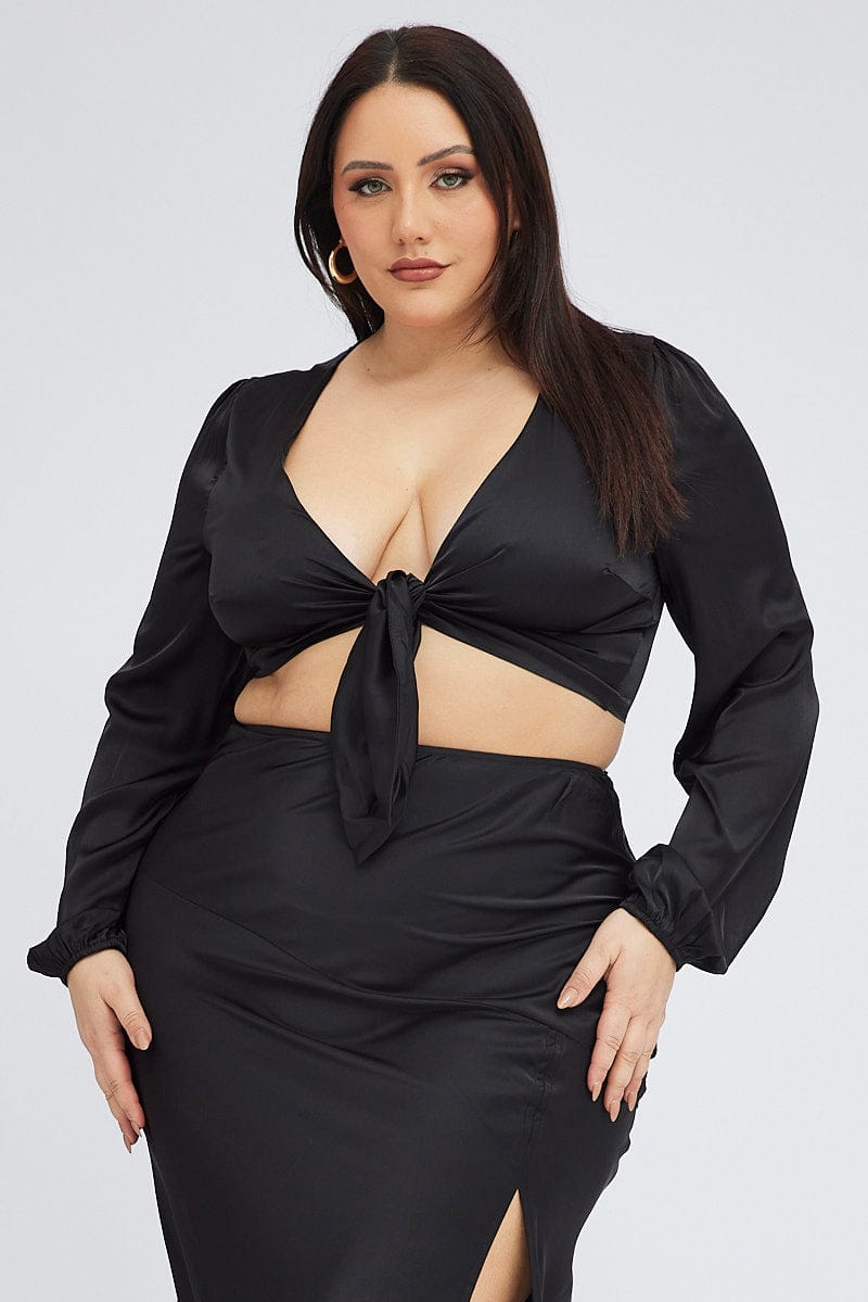 Black Crop Top Long Sleeve Tie Front Satin for YouandAll Fashion