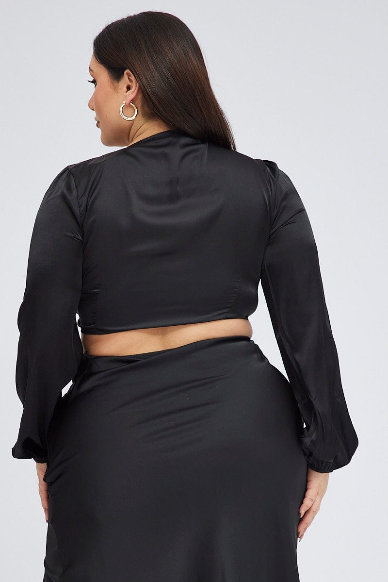 Black Crop Top Long Sleeve Tie Front Satin for YouandAll Fashion