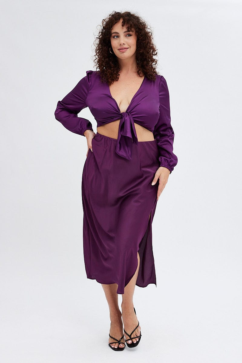 Purple Crop Top Long Sleeve Tie Front Satin for YouandAll Fashion