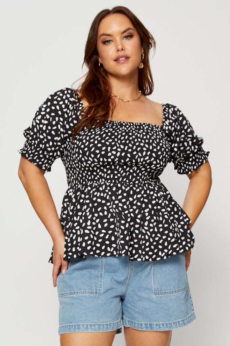 Geo Print Peplum Top Short Sleeve Shirred For Women By You And All
