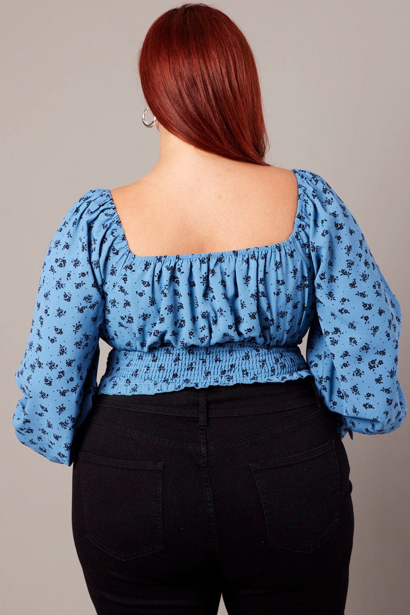 Blue Ditsy Crop Top Long Sleeve Shirred Waist for YouandAll Fashion