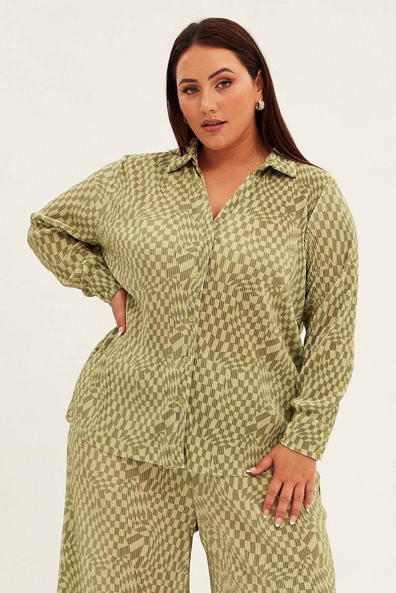 Green Check Relaxed Shirt Long Sleeve Plisse for YouandAll Fashion