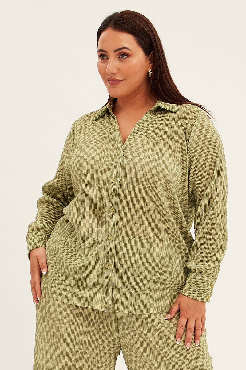 Green Check Relaxed Shirt Long Sleeve Plisse for YouandAll Fashion