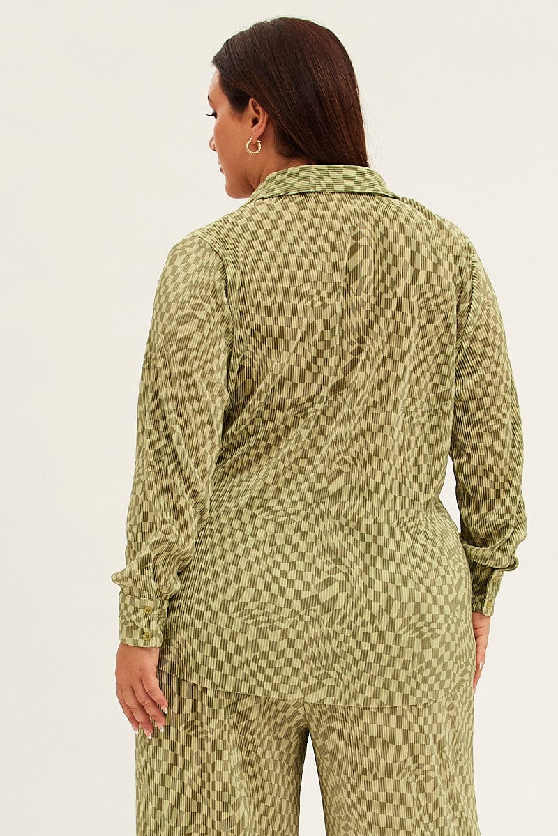 Green Check Relaxed Shirt Long Sleeve Plisse for YouandAll Fashion