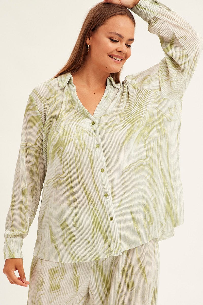 Green Abstract Relaxed Shirt Long Sleeve V-Neck Plisse for YouandAll Fashion