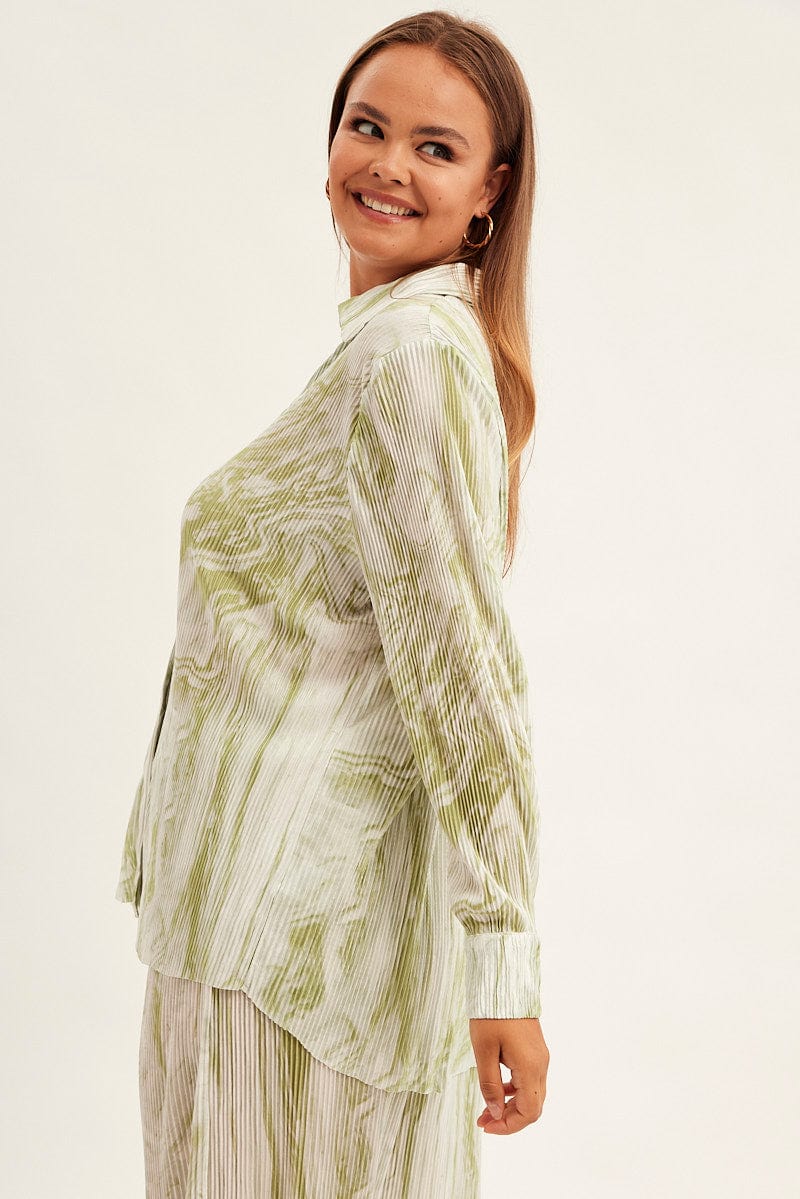 Green Abstract Relaxed Shirt Long Sleeve V-Neck Plisse for YouandAll Fashion