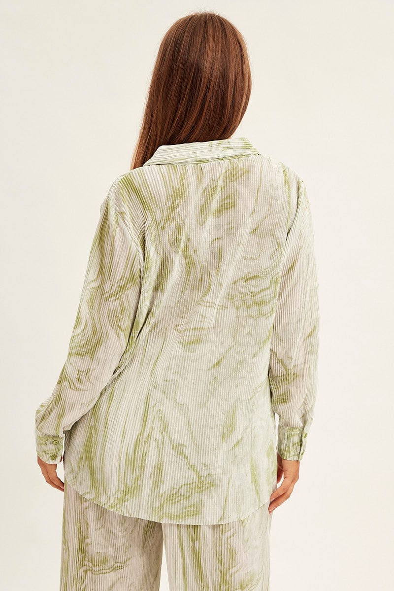 Green Abstract Relaxed Shirt Long Sleeve V-Neck Plisse for YouandAll Fashion