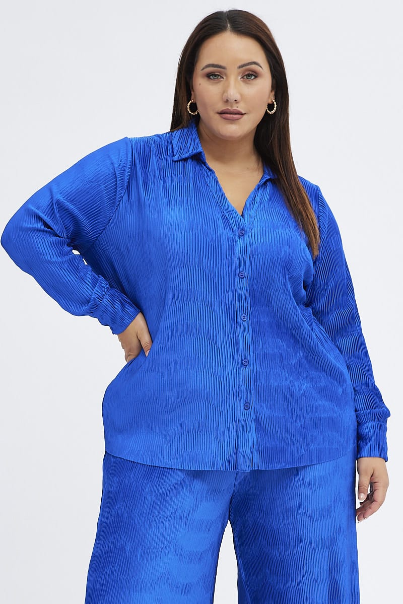 Blue Relaxed Shirt Long Sleeve Plisse for YouandAll Fashion