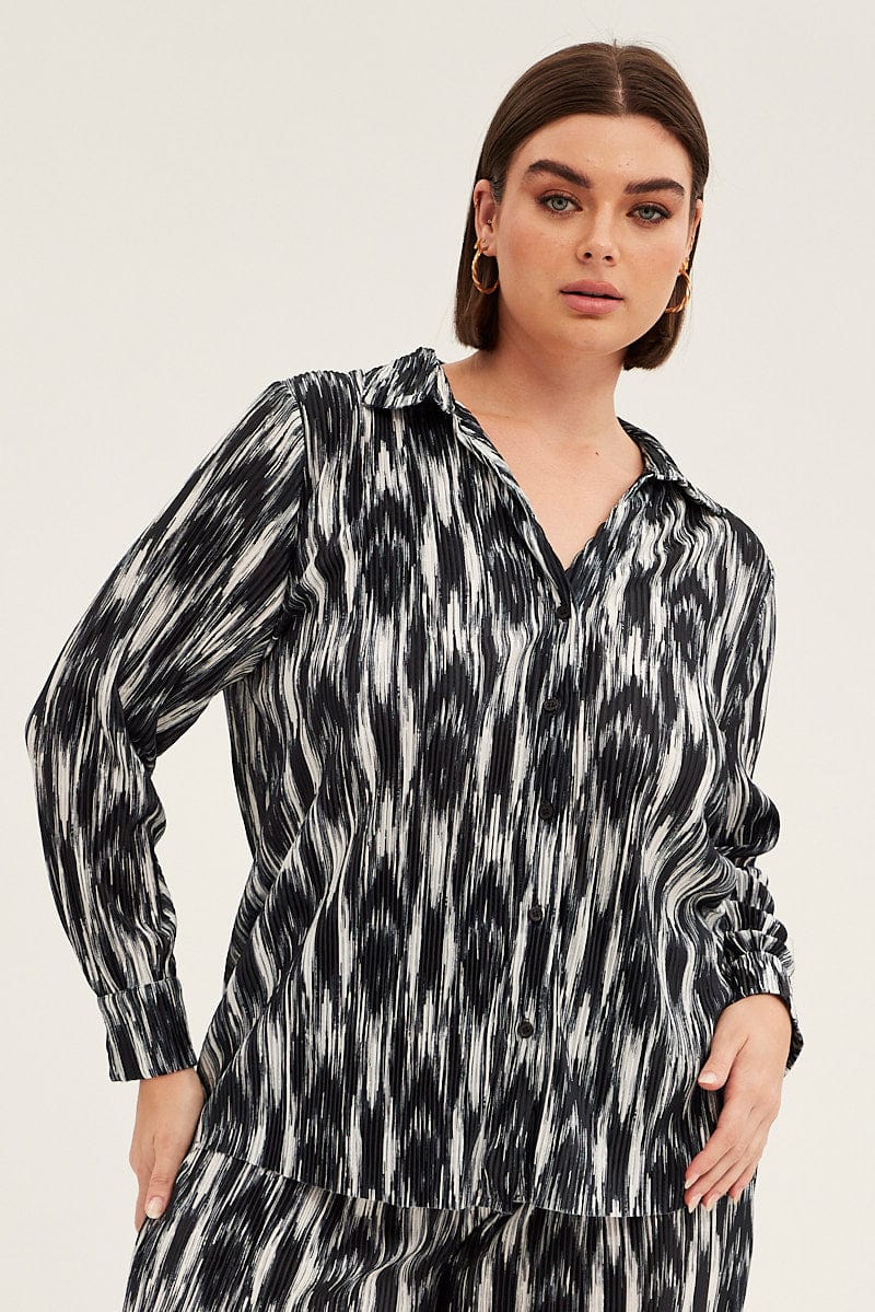 Black Abstract Relaxed Shirt Long Sleeve V-Neck Plisse for YouandAll Fashion