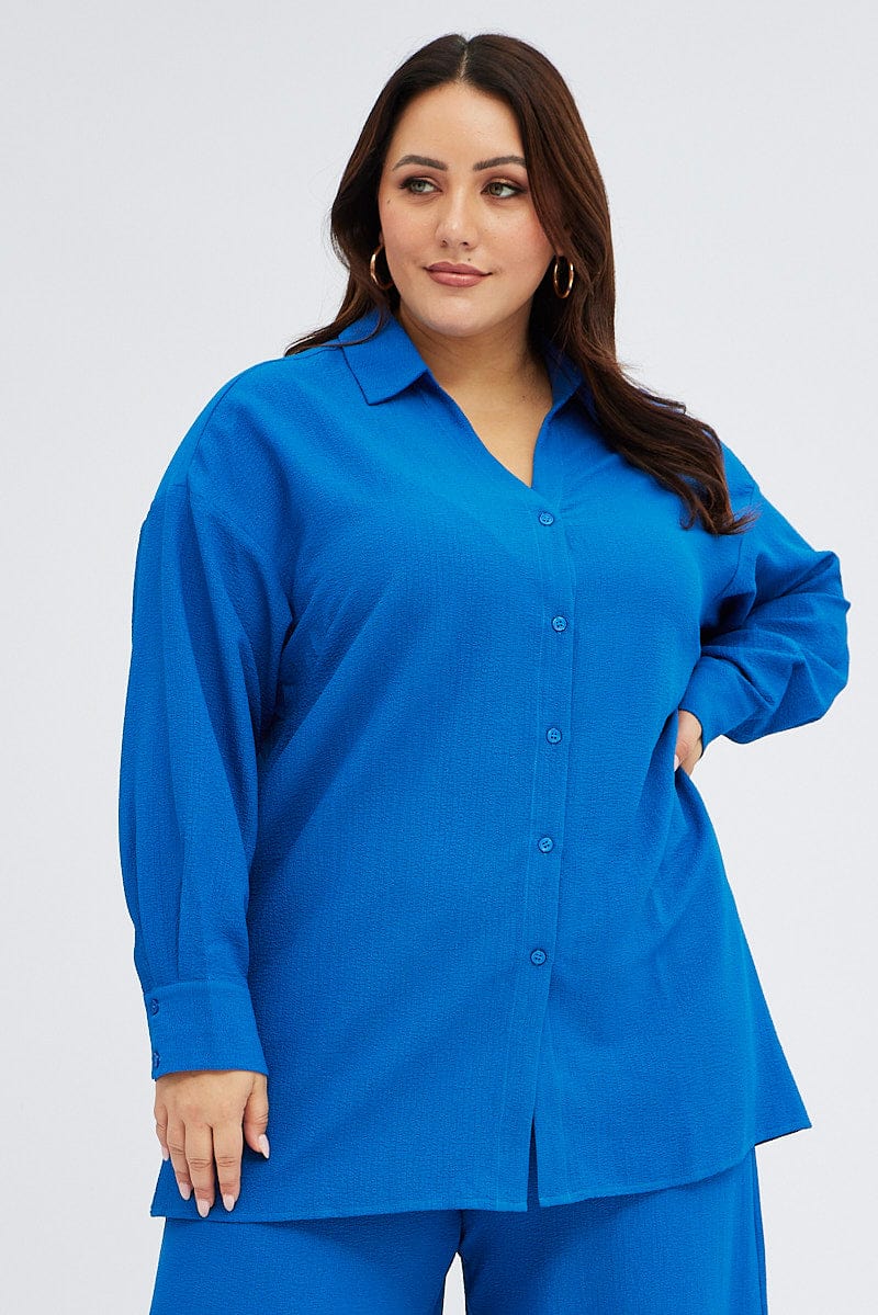 Blue Textured Shirt Crinkle Button Through Oversized for YouandAll Fashion