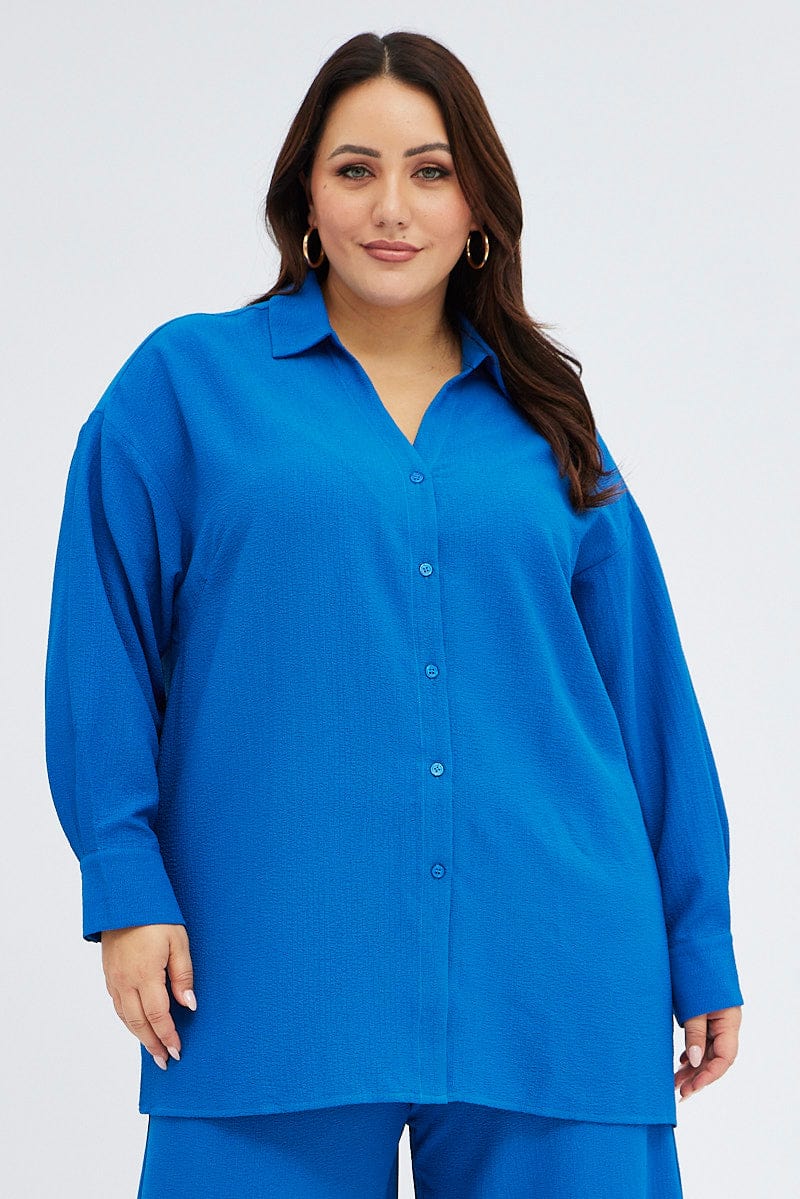Blue Textured Shirt Crinkle Button Through Oversized for YouandAll Fashion