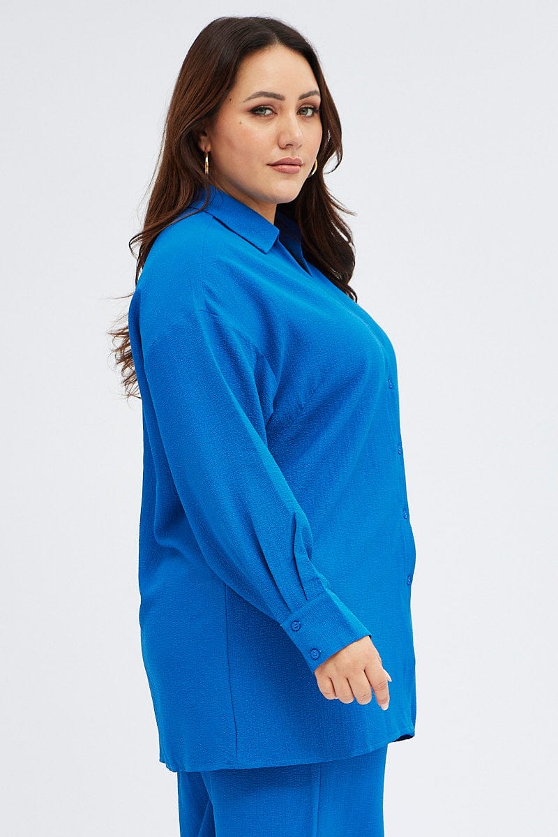 Blue Textured Shirt Crinkle Button Through Oversized for YouandAll Fashion