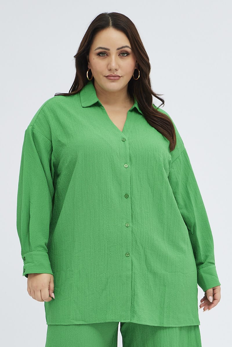 Green Textured Shirt Crinkle Button Through Oversized for YouandAll Fashion