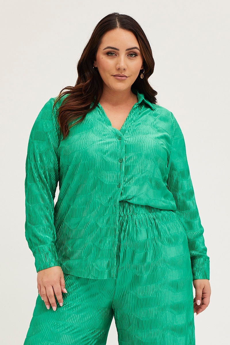 Green Oversized Shirt Plisse Long Sleeve For Women By You And All