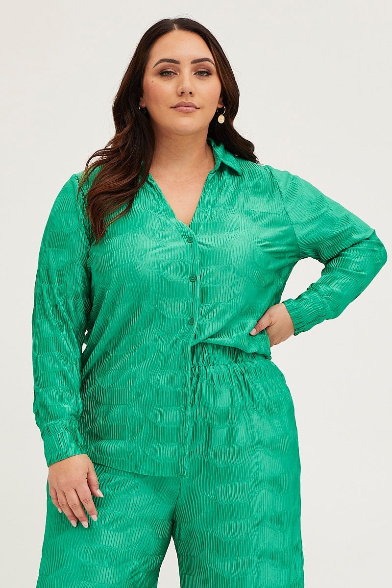 Green Oversized Shirt Plisse Long Sleeve For Women By You And All
