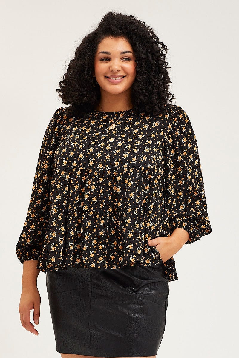 Floral Prt Smock Top Long Sleeve Tiered For Women By You And All