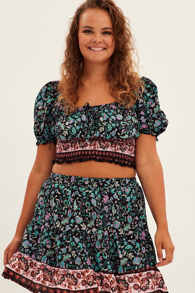 BLACK BOHO Crop Top Short Sleeve Shirred Waist for YouandAll Fashion