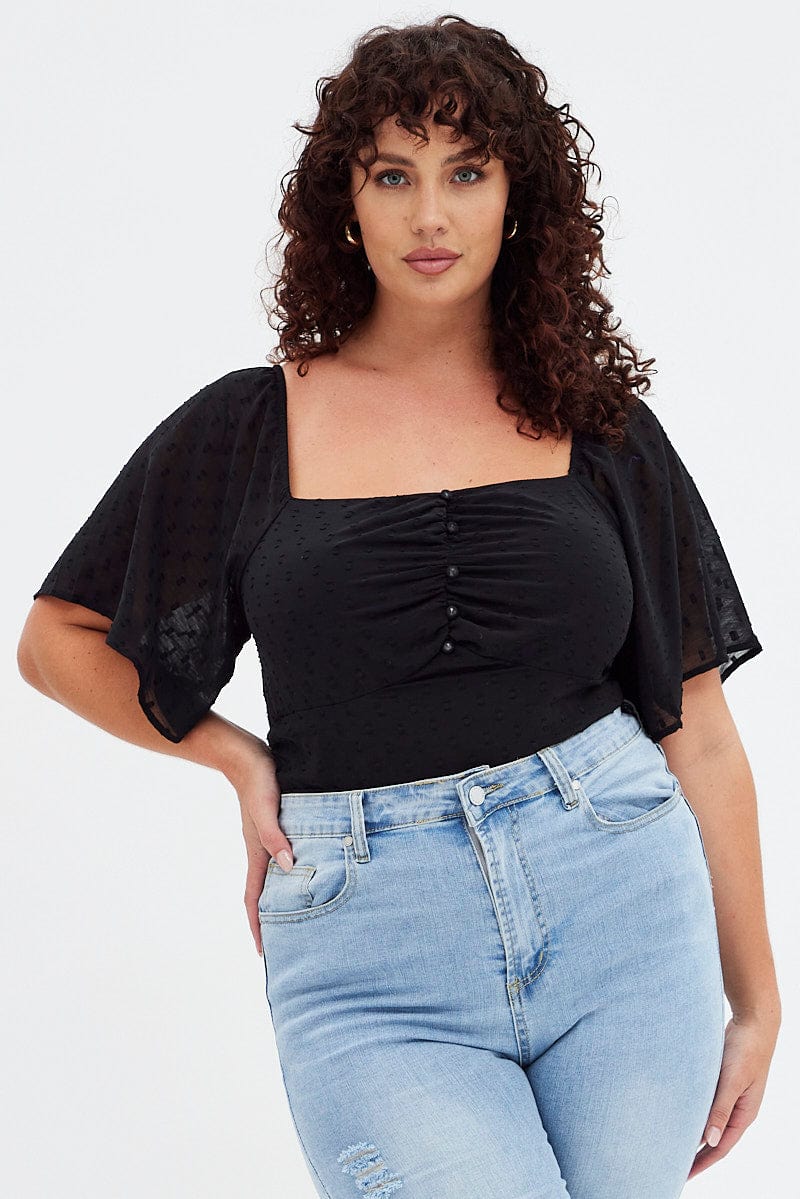Black Ruched Bodysuit Short Sleeve for YouandAll Fashion