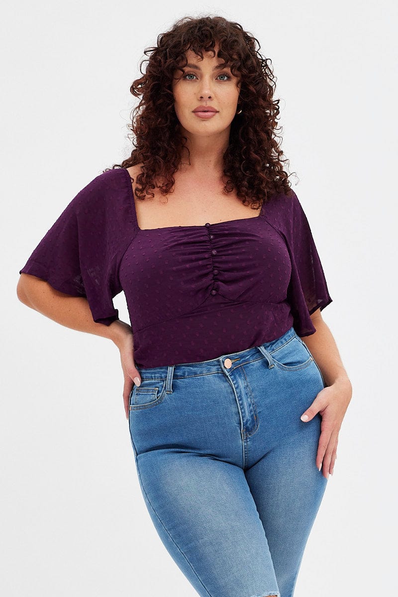 Purple Ruched Bodysuit Short Sleeve for YouandAll Fashion