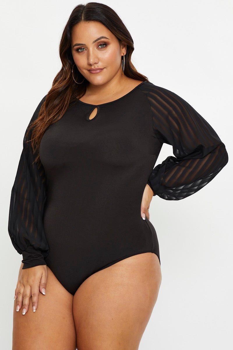 Black Keyhole Bodysuit Long Sleeve For Women By You And All