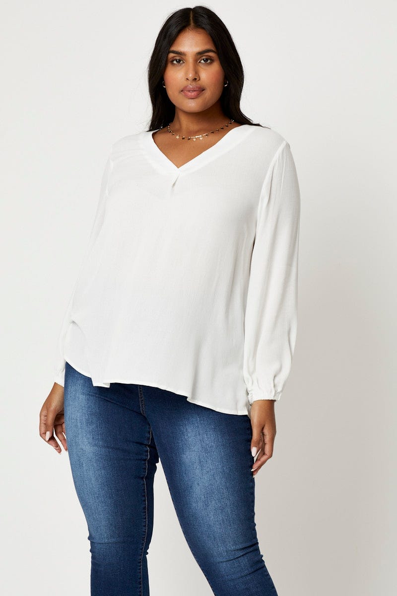 White Plus V-Neck Long Sleeve Top For Women By You And All